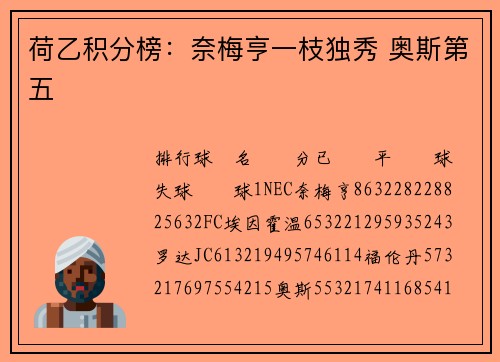 荷乙积分榜：奈梅亨一枝独秀 奥斯第五